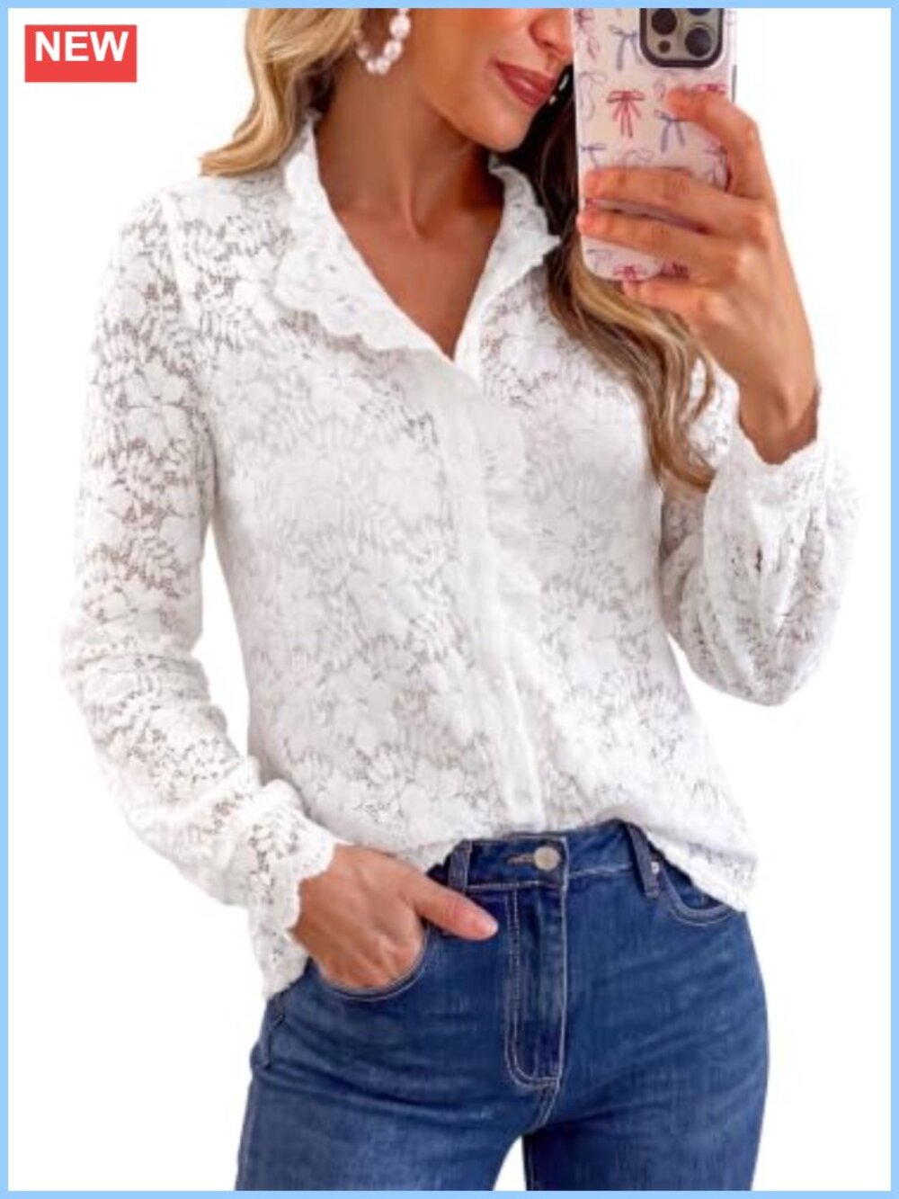 Women's Lace Button Down Shirt Long Sleeve Ruffle Collar Blouse